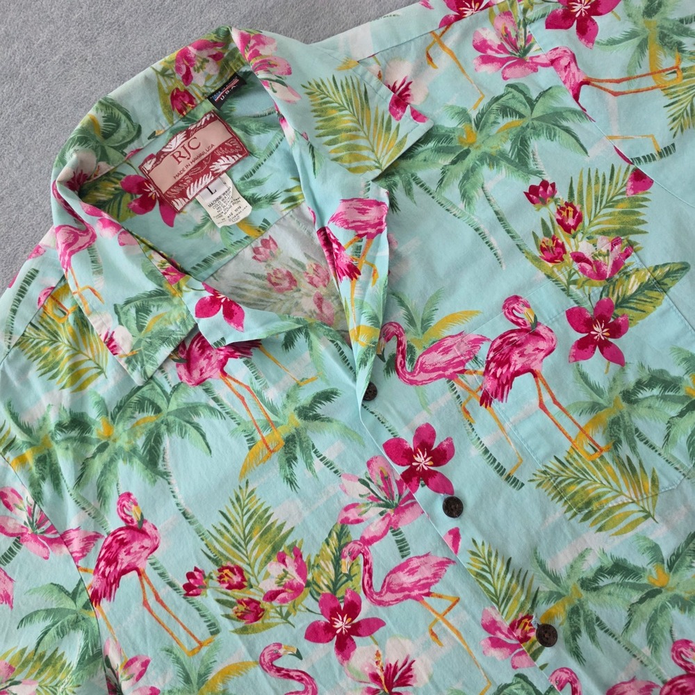 RJC Mens Hawaiian Shirt Large Blue Flamingo Palm Tree Floral Made in Hawaii USA